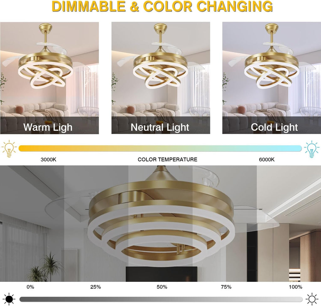 42'' Retractable Chandelier Ceiling Fan with Light, Gold