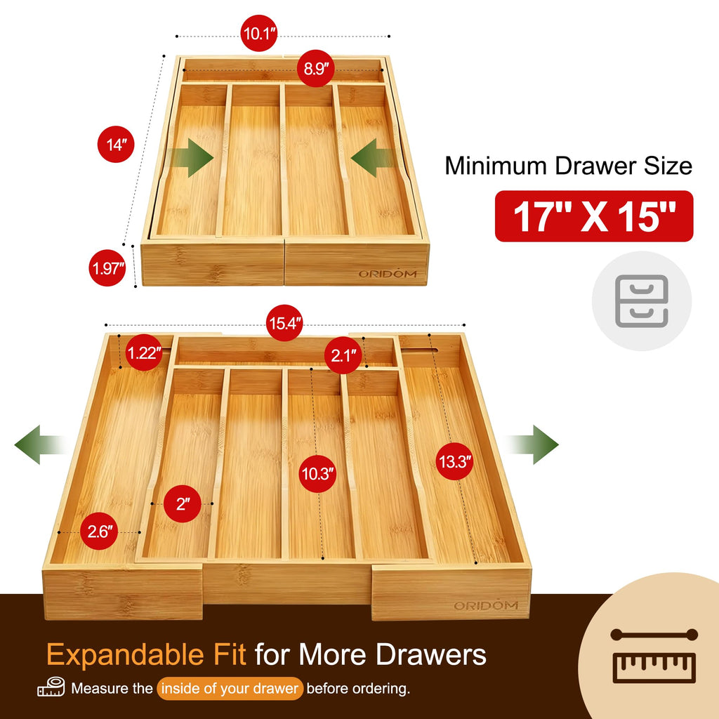 Expandable Bamboo Kitchen Drawer Organizer for Cutlery and Utensils, Adjustable Bamboo Wood Cutlery Tray in Drawer