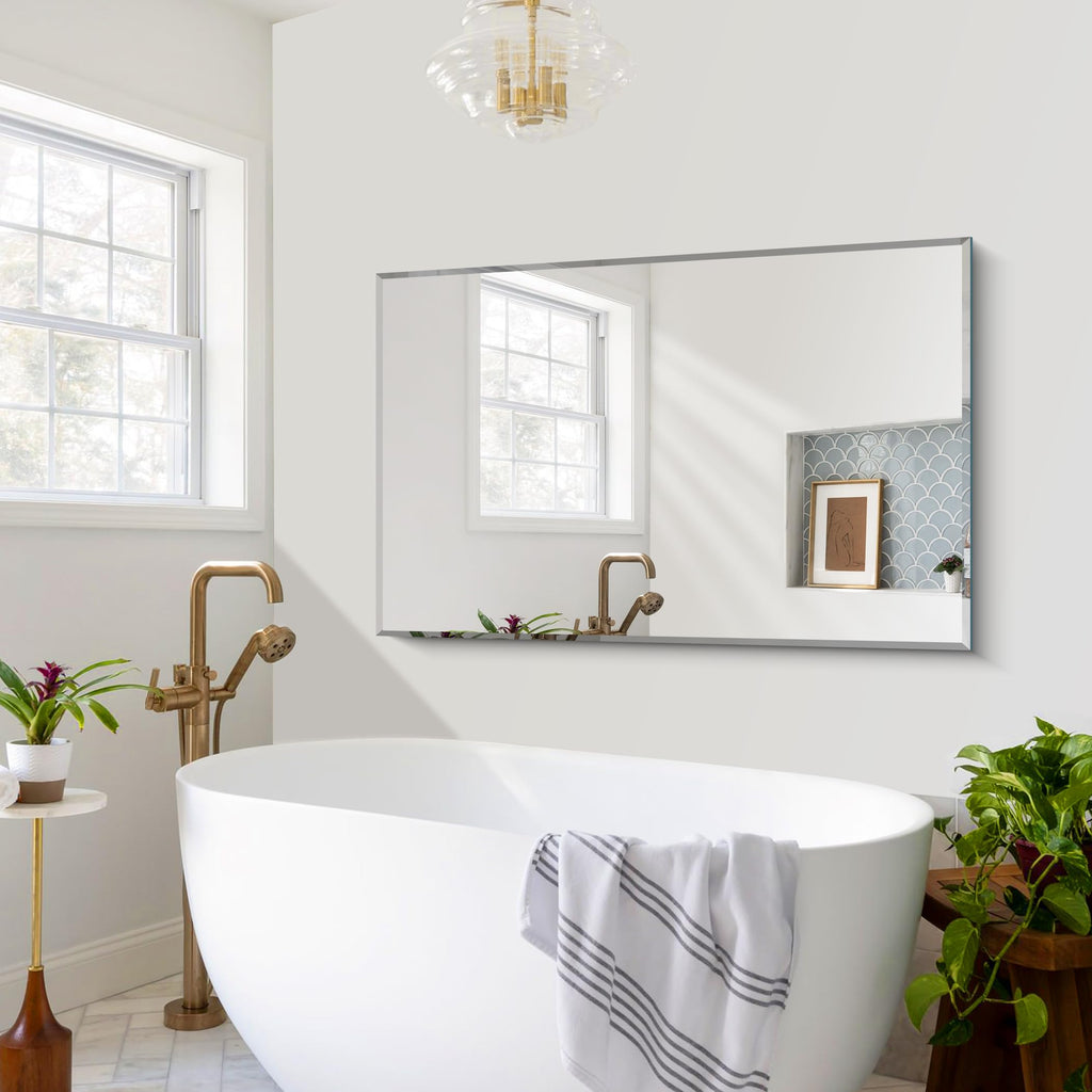 Beveled Mirror, 30x48 Large Frameless Bathroom Mirrors for Wall, 3mm Tempered Glass Rectangle Vanity Mirror with