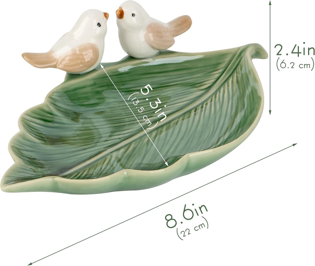 Green Ceramic Leaf Jewelry Tray with Bird Accents