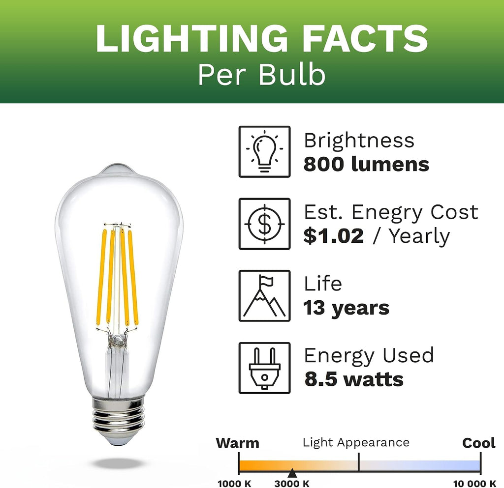 Dimmable Edison Light Bulbs - 800 Lumen Soft White 3000K LED Replacement for Incandescent Light Bulbs - 6-Pack