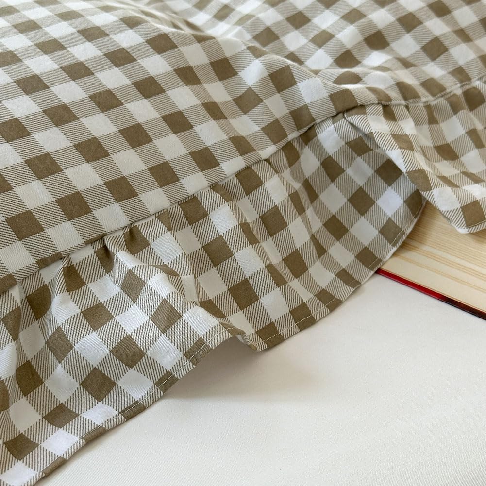 Tan Gingham Ruffle Duvet Cover King, 3 Pieces Taupe Soft Pre-Washed Microfiber Checked Plaid Comforter Cover Set