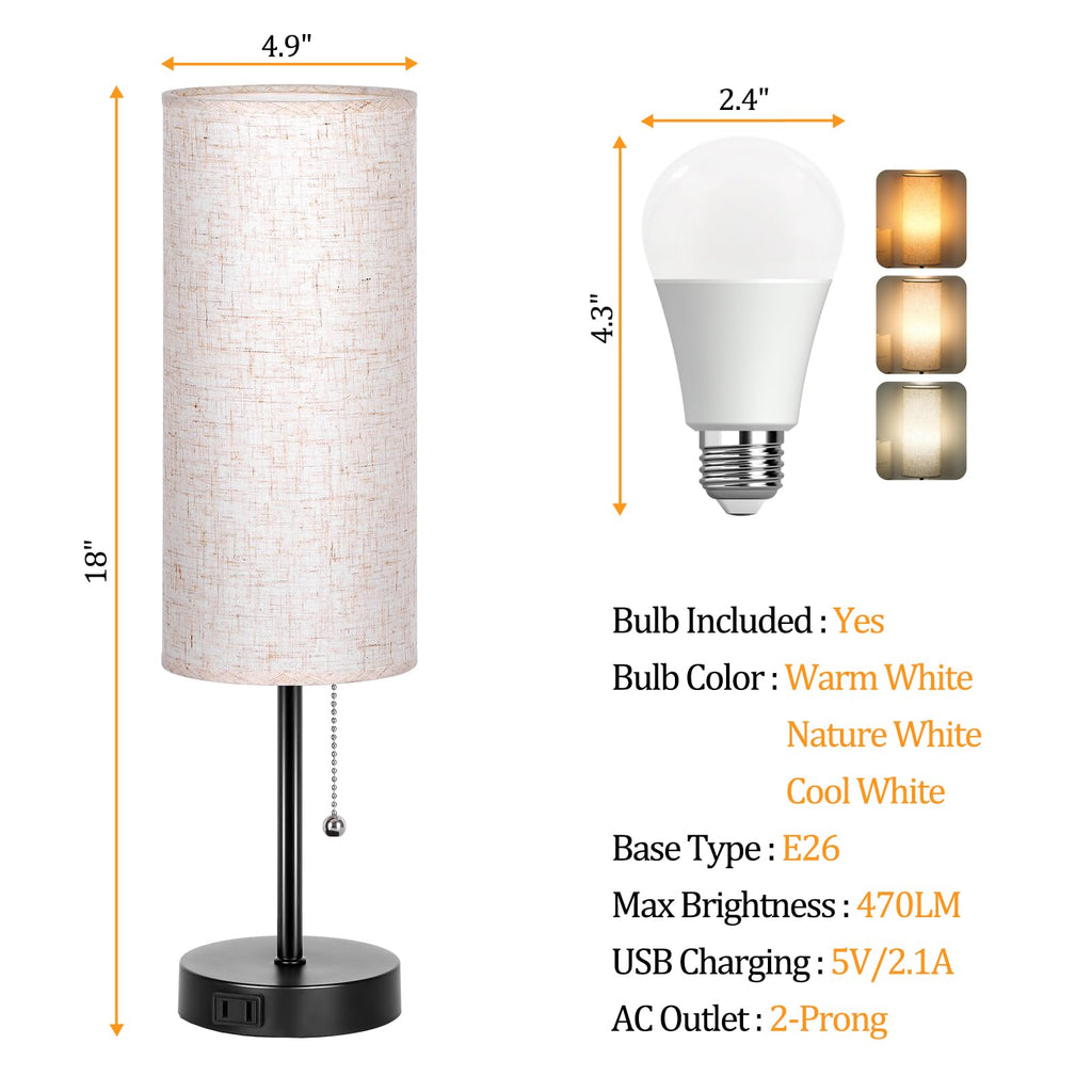 18" Table Lamp, 3-Color Bedside Lamps with Pull Chain