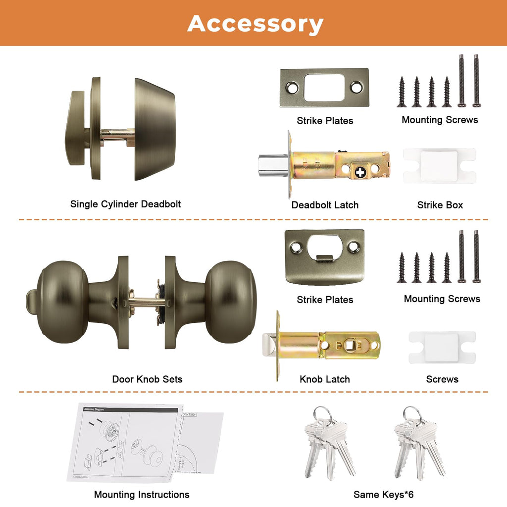 1 Pack Entry Door Knob Set with Single Cylinder Deadbolt Combo Set, Antique Brass Front Door Handle Keyed Alike