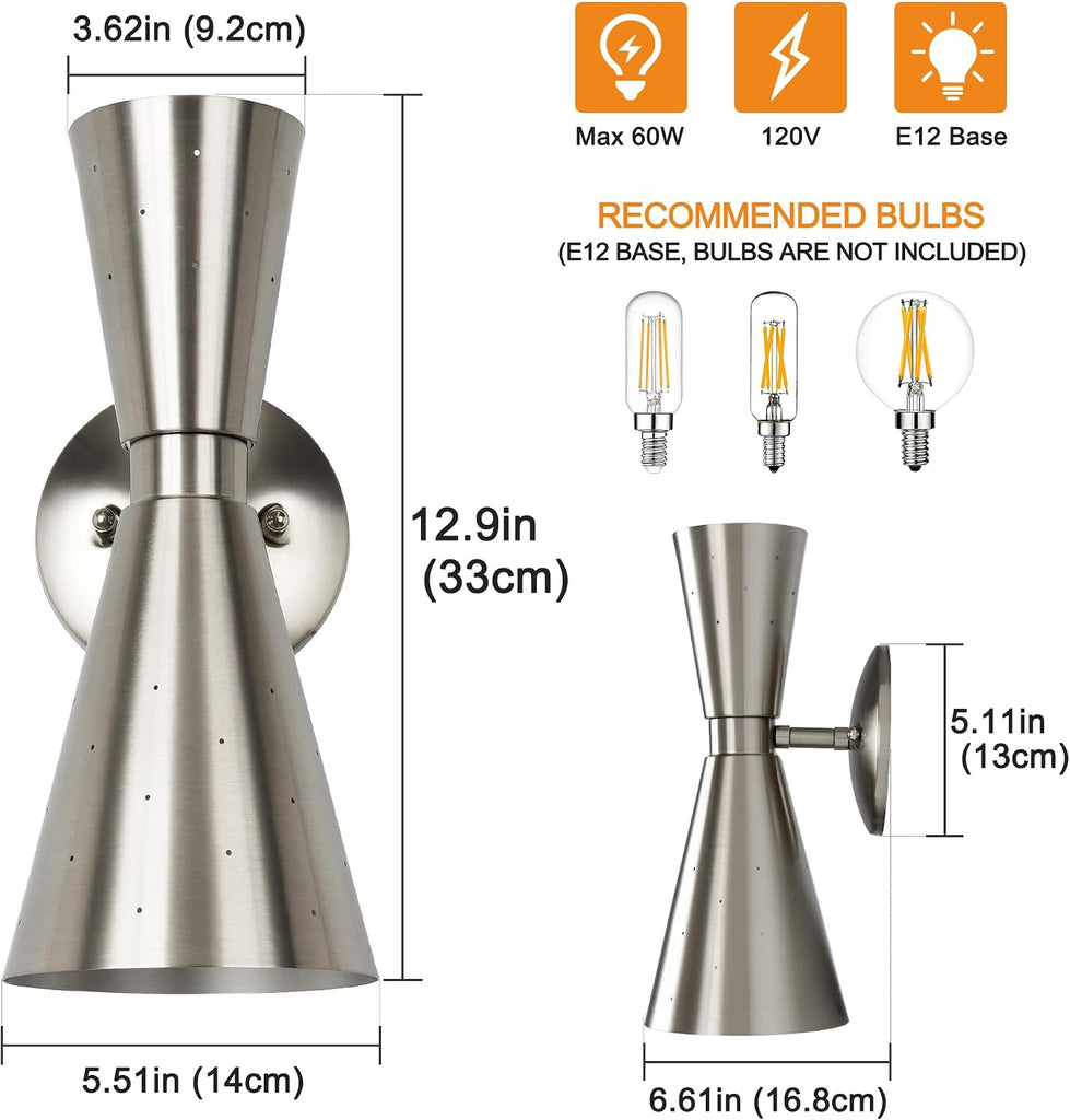 Brushed Nickel Wall Sconce, Modern Sconce Wall Lighting Mid-Century Hardwired Wall Light Bedside E12 Industrial Metal