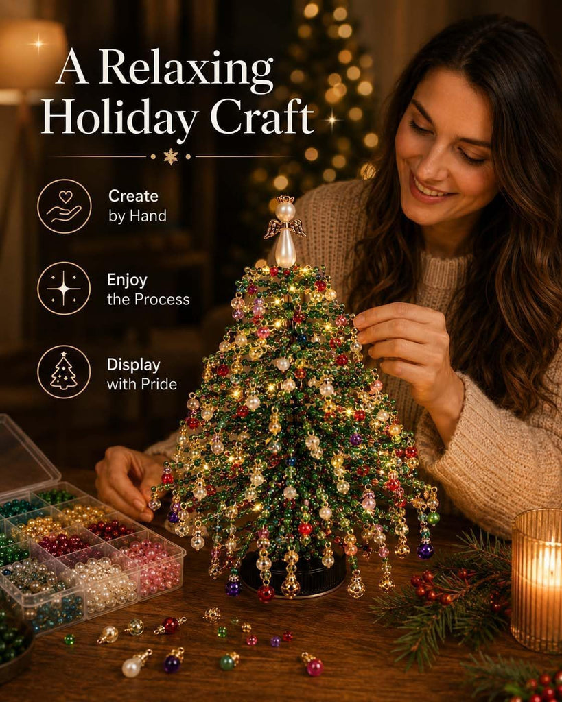 DIY Beaded Christmas Tree Kit for Adults, 3D Crystal Bead Holiday Craft Set with Colorful Beads, Ornament Charms
