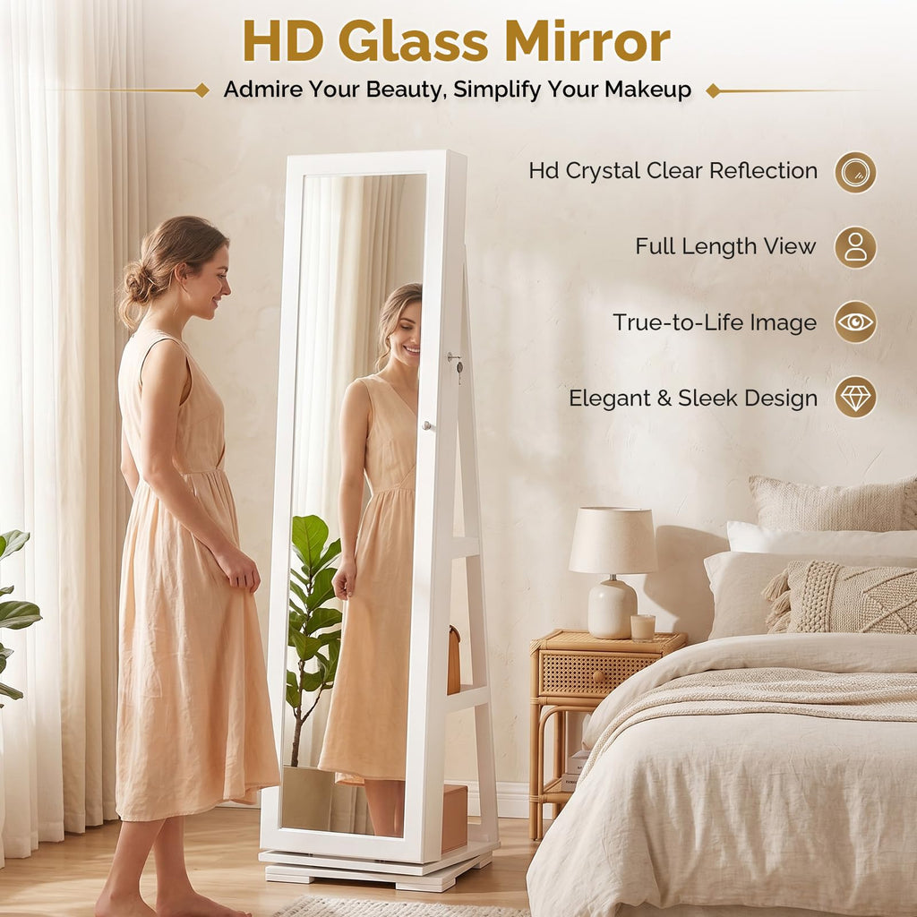 360° Swivel Jewelry Mirror Cabinet with Inside Makeup Mirror, Full Length Mirror with Jewelry Storage, Lockable