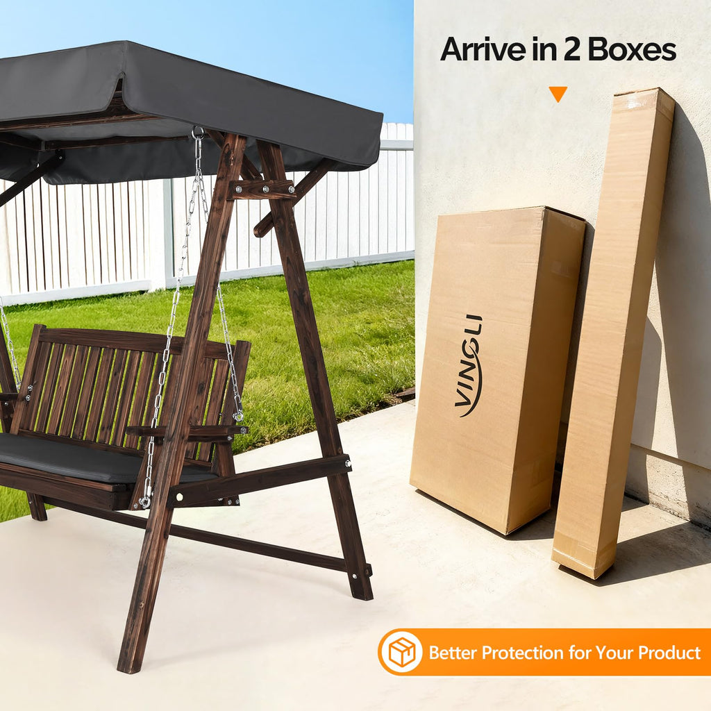 4FT Heavy Duty Wooden Porch Swing with Stand and Canopy, Rustic