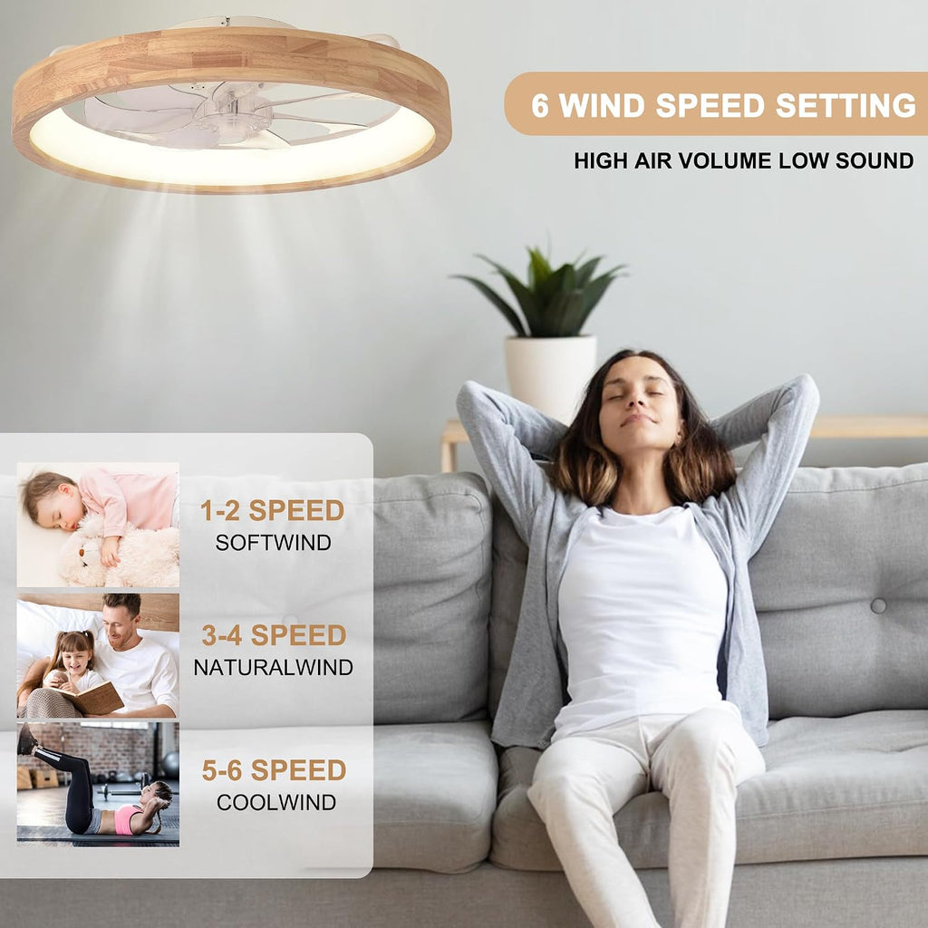 24" Solid Wood Low Profile Ceiling Fan with Light and Remote/APP
