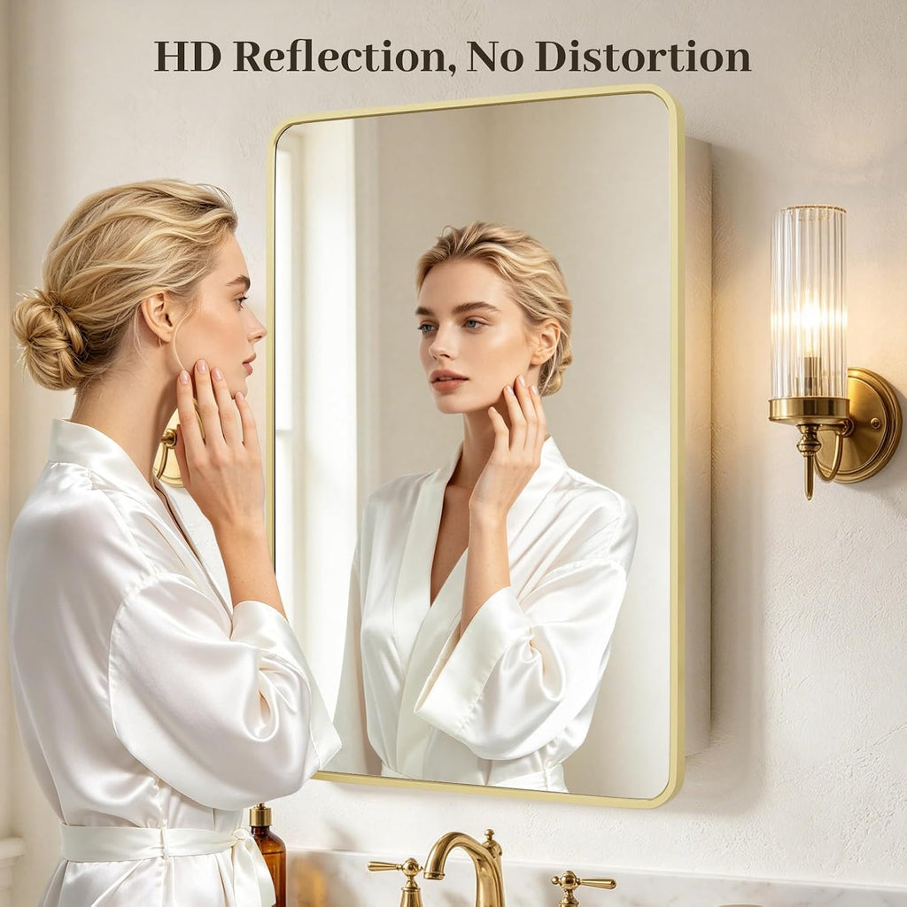 Bathroom Medicine Cabinet with Mirror, 24x36 Inch Gold Recessed Medicine Cabinet with Round Corner Aluminum Alloy