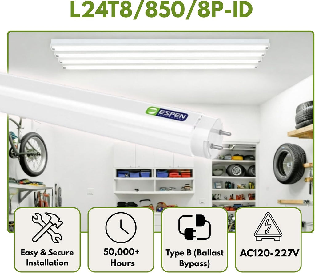 2ft T8 LED Tube Lights, 8W Ballast Bypass Type B - Shatterproof Nano Plastic, 1120 Lumens, G13 Bi-Pin