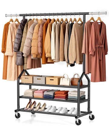 Heavy Duty Clothing Rack, Rolling Clothes Rack with 3 Shelves, Black