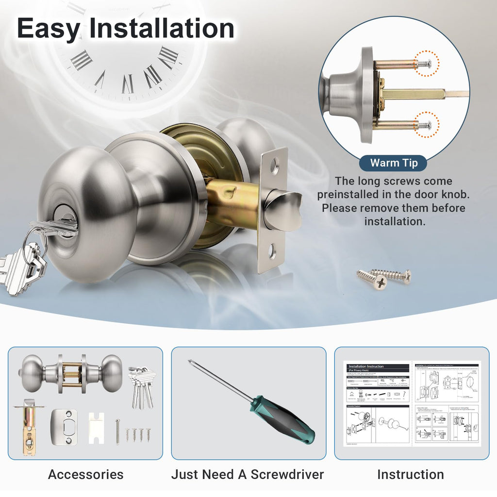 6 Pack Brushed Nickel Door Knob with Lock and Key, Egg Shaped Oval Door Knob Keyed Alike Doorknob /Bathroom/Office