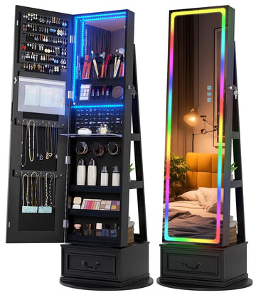 LED Mirror Jewelry Cabinet with Lights, 360° Swivel, Black