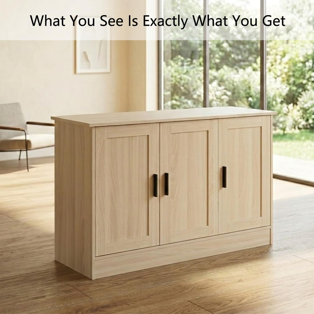 43" Oak Buffet Cabinet with Black Handles, Small Kitchen Sideboard with 3 Doors & Adjustable Shelves, Modern Entryway