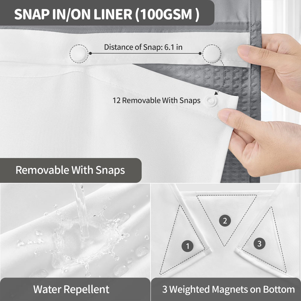 Ringless Waffle Weave Fabric Shower Curtain Set, Grey, 72"x75"