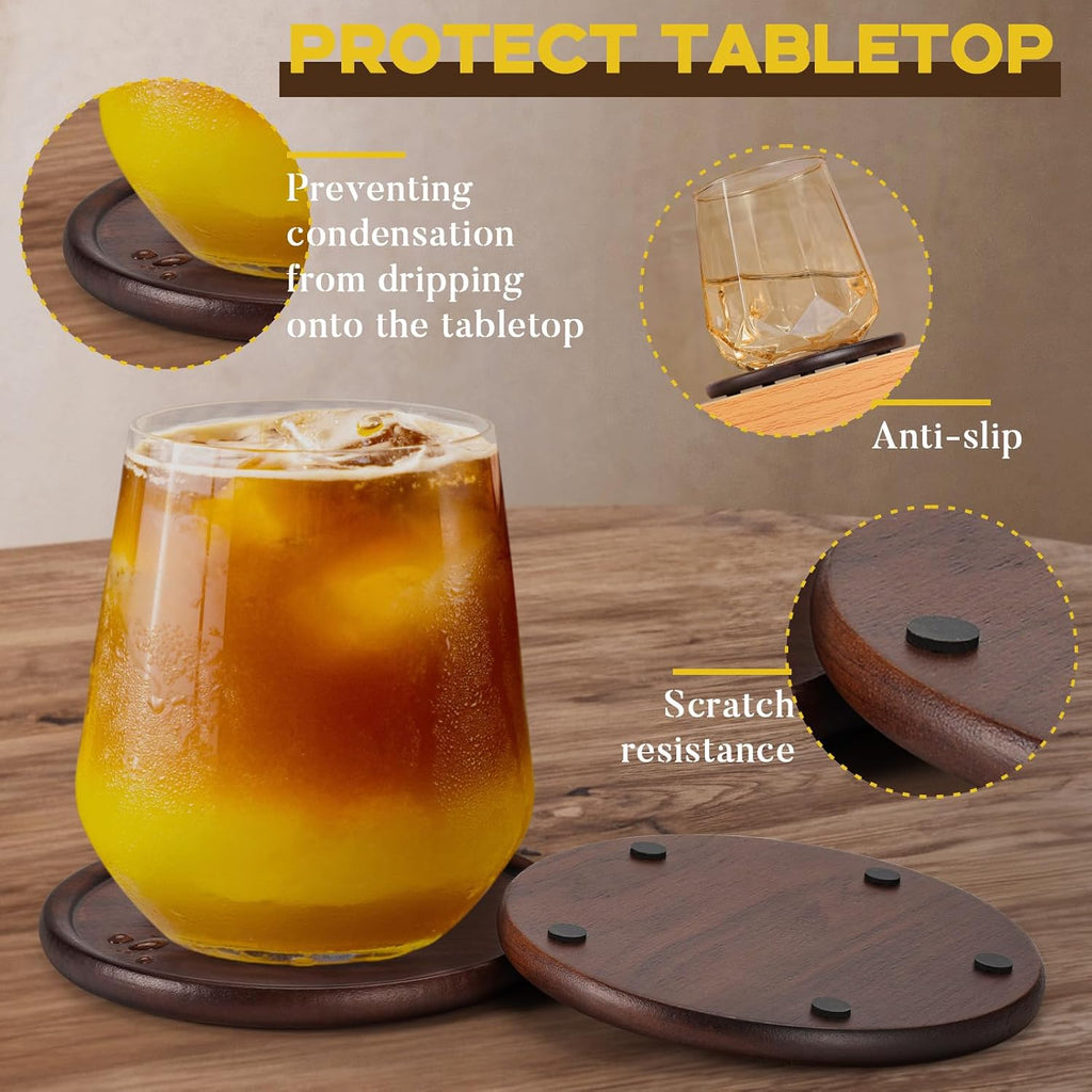 Wood Coasters with Leather Holder, 100% Wooden Coasters for Drinks - Set of 8