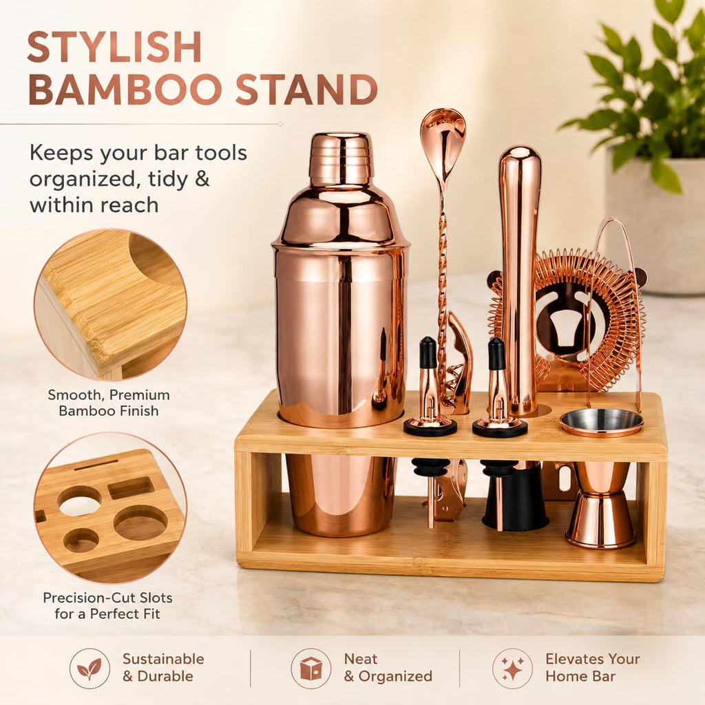Rose Gold Cocktail Shaker Set, Premium 18/8 Stainless Steel Mixology Bartender Kit with Stylish Bamboo Stand 10-Piece - Set of 10