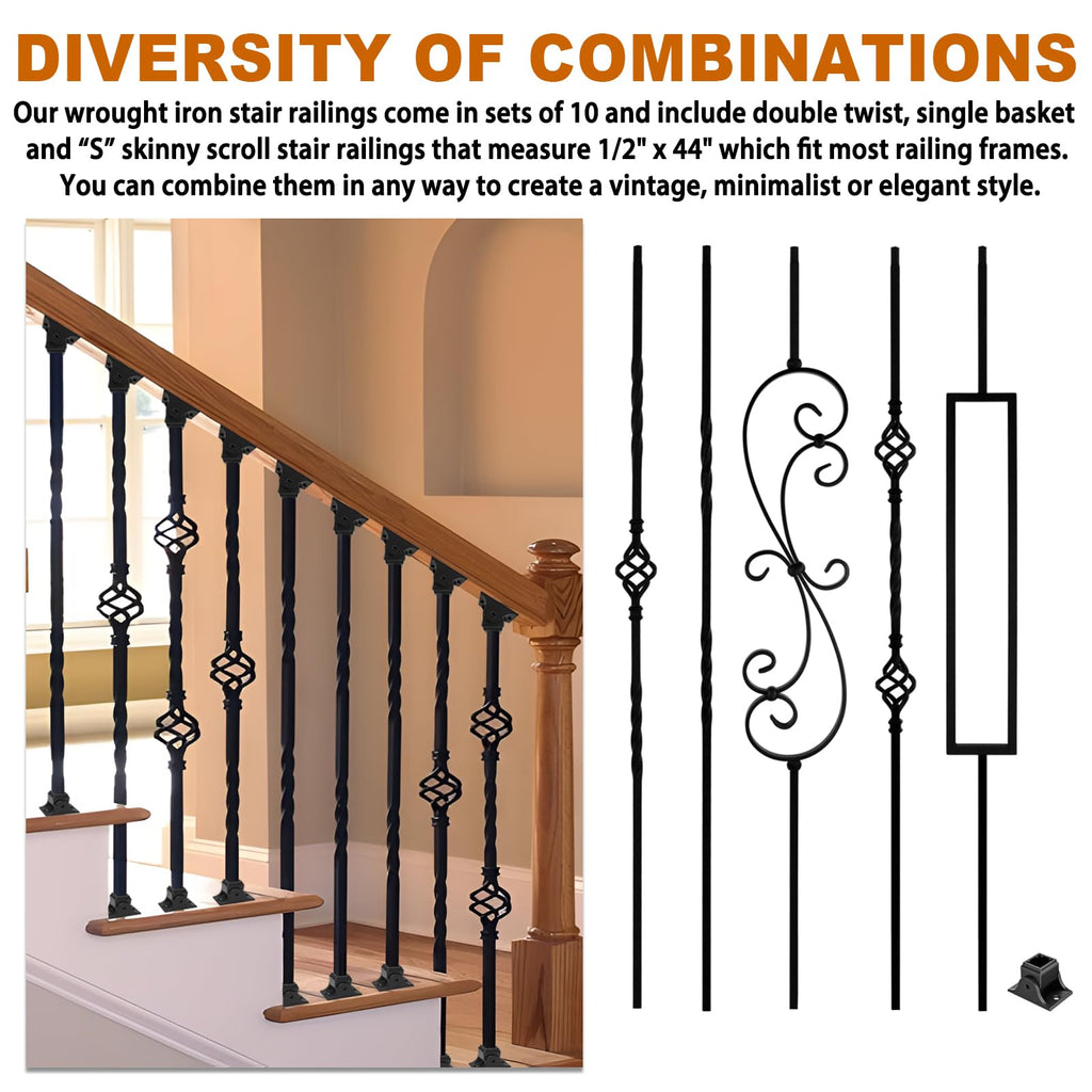 10 Pack Wrought Iron Balusters, Stair Spindle with 20 Swivel Shoes