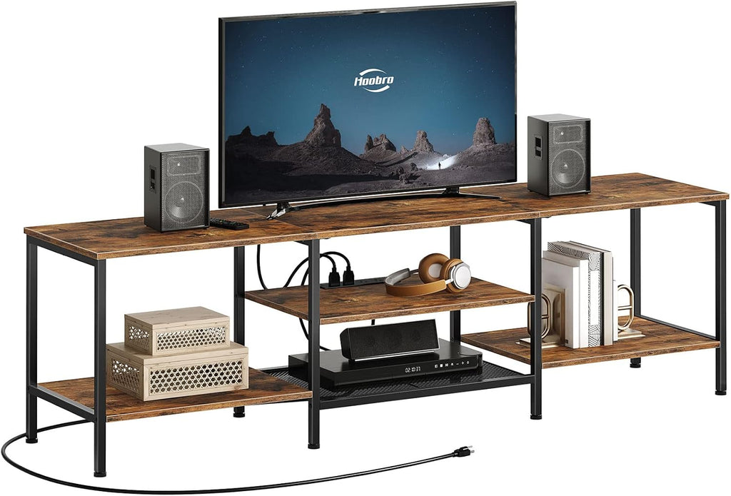 TV Stand with Power Outlets to 75 Inches, TV Console Table with Open Storage Shelves Cabinet, Industrial Media