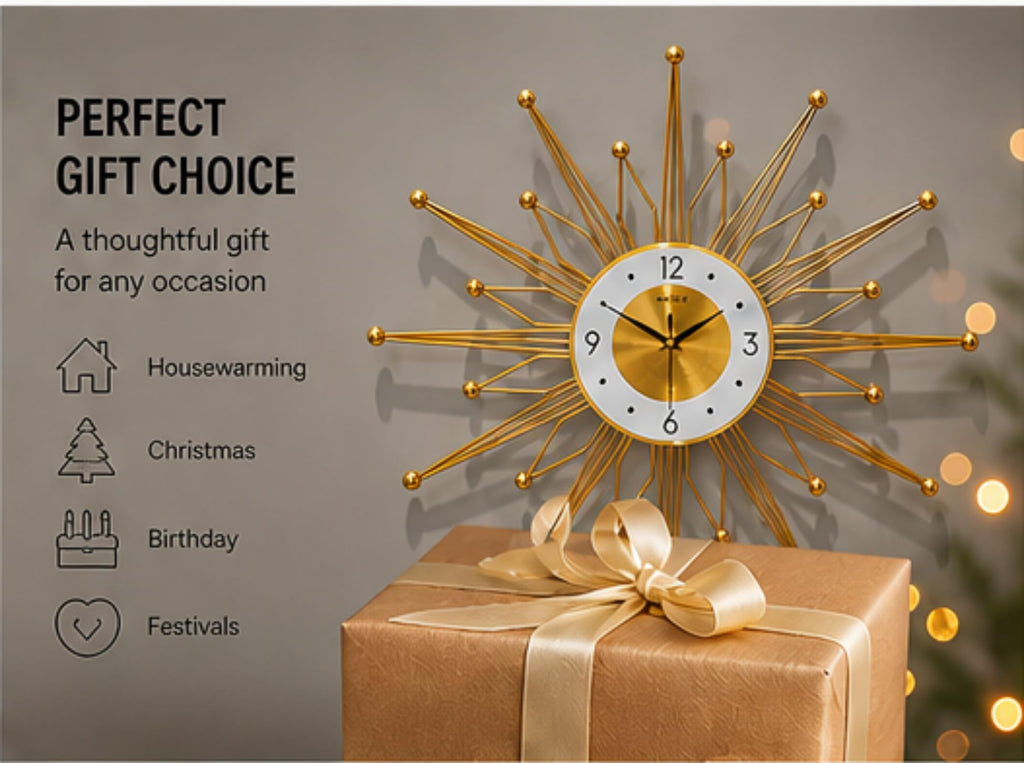19.6 Inch Silent Large Wall Clock Decor, Gold Sunburst Starburst Wall Clocks Battery Operated Kitchen Office Home