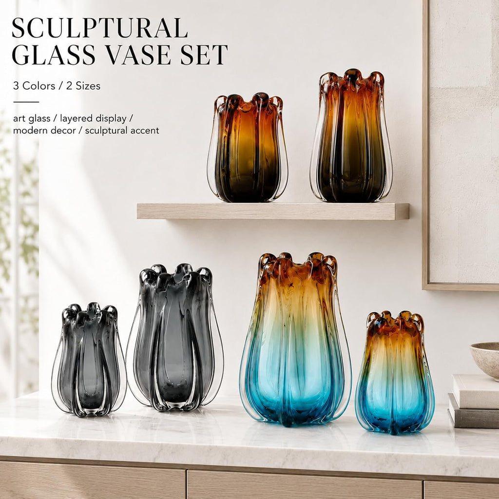 Amber Glass Vase for Flowers, Decorative Murano Art Glass, Wide Mouth Designer Glass Vase Decor, Blown Glass