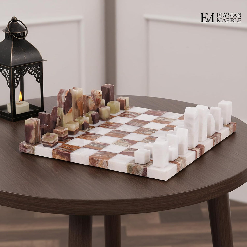 Modern Chess Set - Handcrafted Borderless Marble Chess Board with Minimalist Geometric Pieces, Luxury Decorative