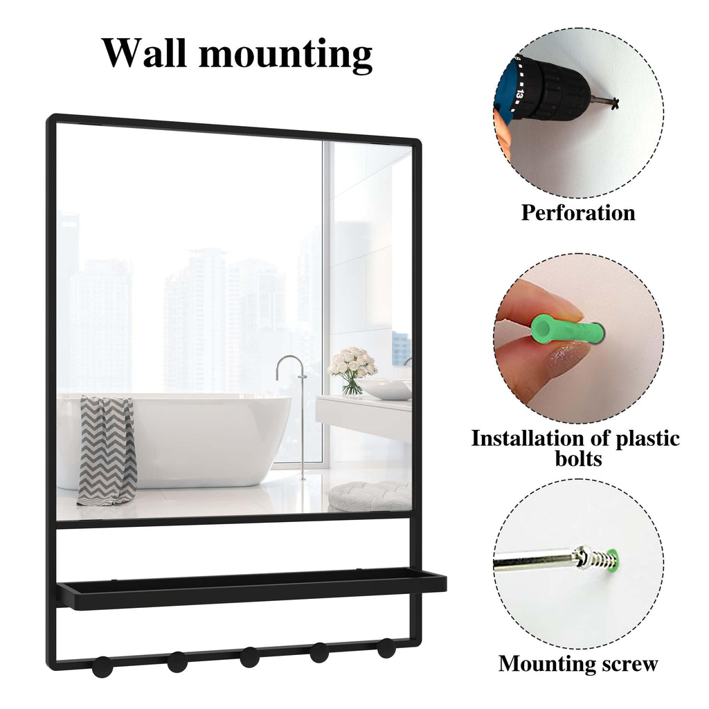 Wall Mirror with Shelf and Hooks,Bathroom Vanity Mirror with Hooks, 21 X 28 inch Metal Framed Decorative Mirror