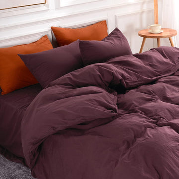 Duvet Cover Set Queen Linen Look Textured 100% Washed Cotton Duvet Cover Burgundy Dark Red 3 Pieces Bedding Set with