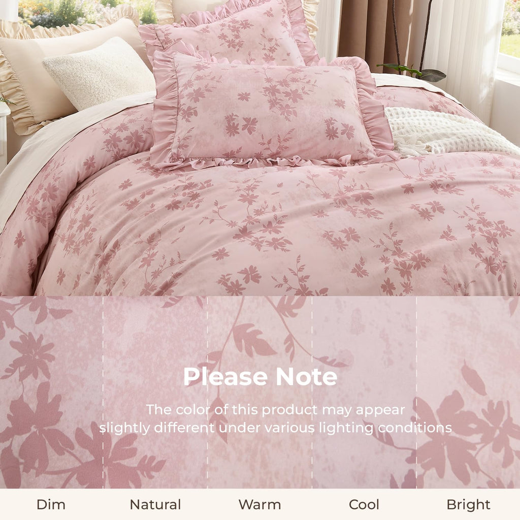 Comforter Set, 3 Pieces Grey Pink Floral Ruffle Bedding Set