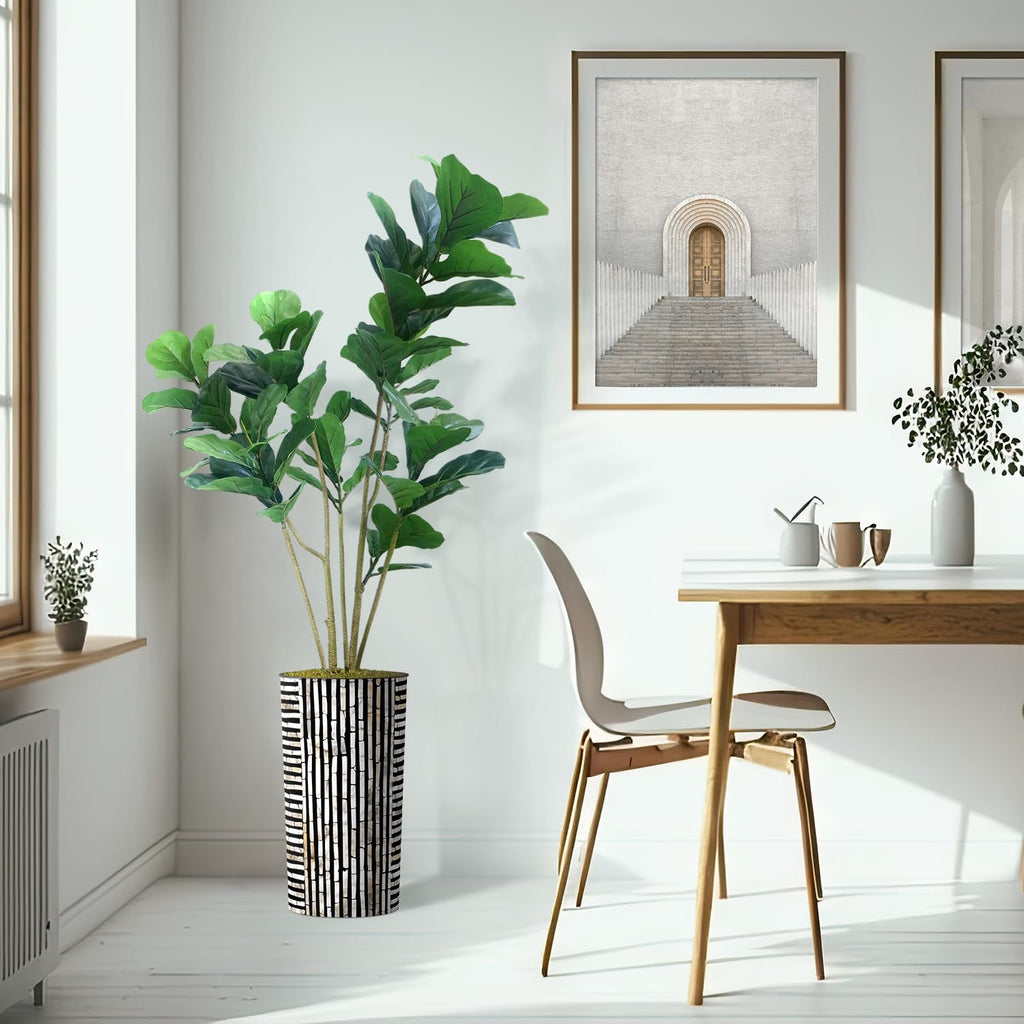 Artificial Tree in Black and Brown Striped Planter, Fake Ficus Lyrata Silk Tree for Indoor and Outdoor Home