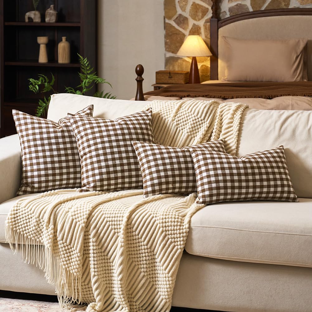 Fall Brown Plaid Gingham Euro Pillow Sham Covers 26x26 Set of 2 for Couch