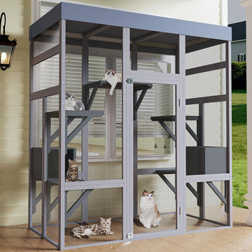 70 Inch Catio Outdoor Cat Enclosure, Large Wooden Cat House with Waterproof Fabric Roof, Solid Wood Frame and Metal