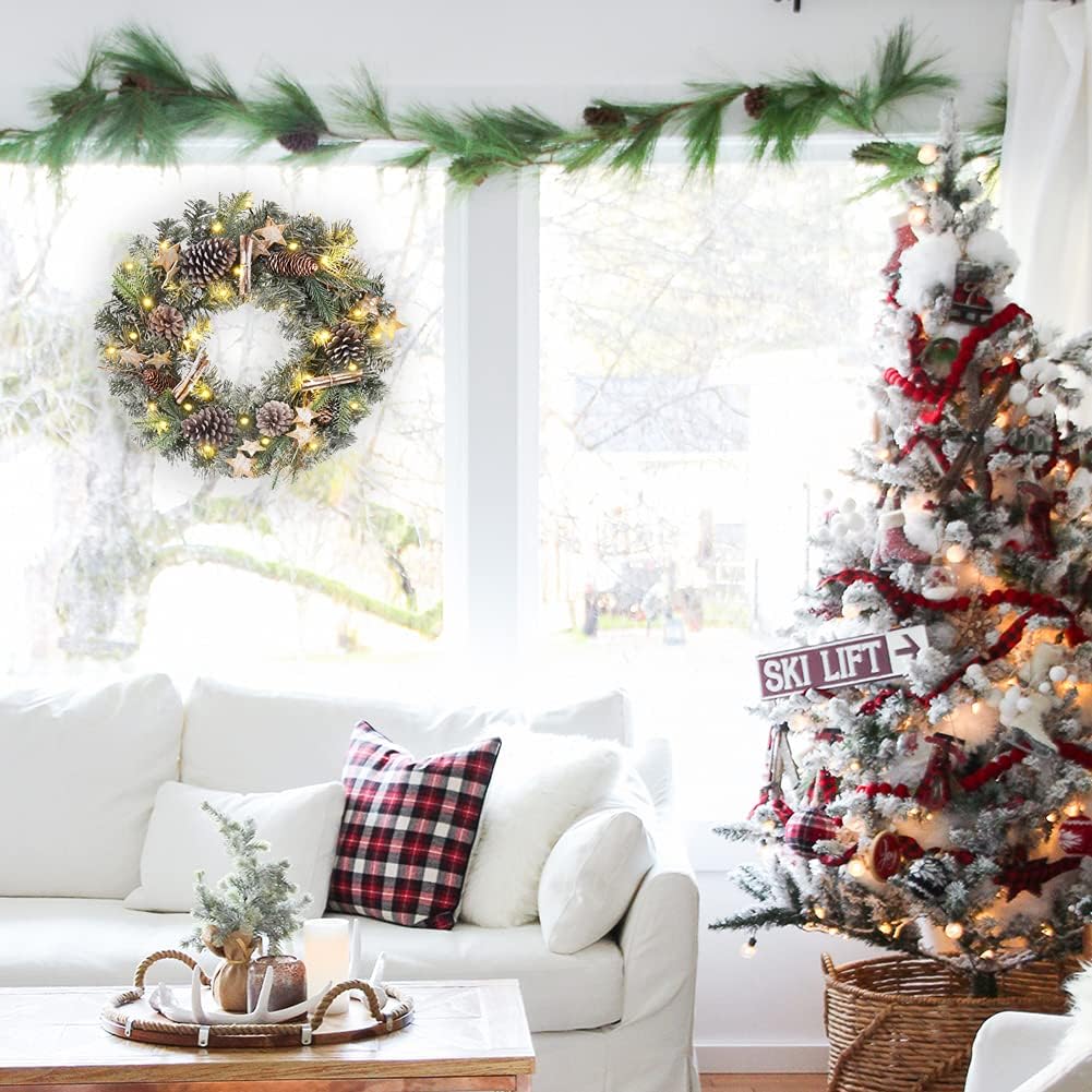 Christmas Wreaths for Front Door 20in Christmas Wreath with Pinecone Wood Stars Artificial Hanging Wreath for Xmas