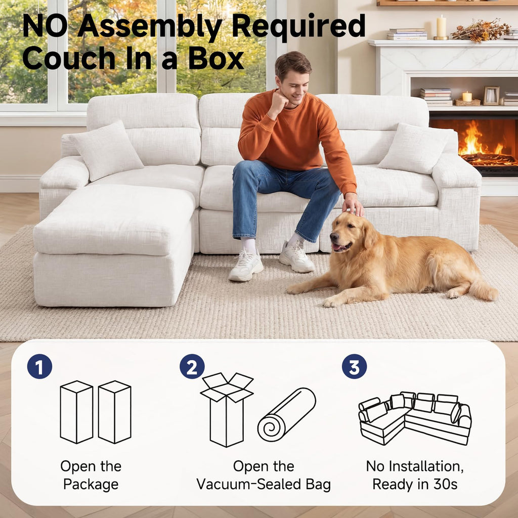 110" Sectional Boneless Sofa with Ottoman, L-Shaped Couch Bed, No-Assembly Modular Sofa, Soft Chenille Fabric Deep