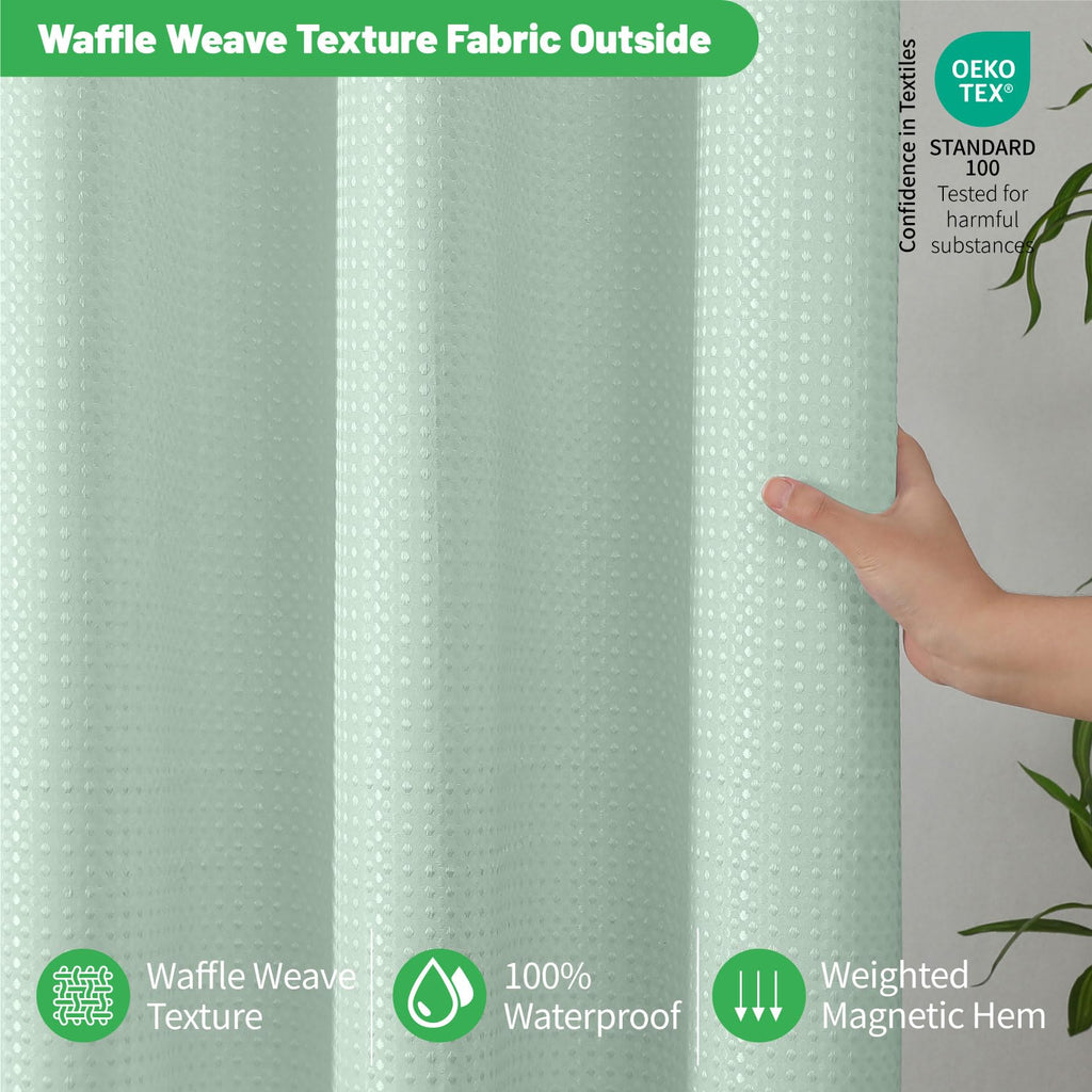 No Hook Waffle Shower Curtain, No Liner Needed, 71x80 Inch, Mint Green