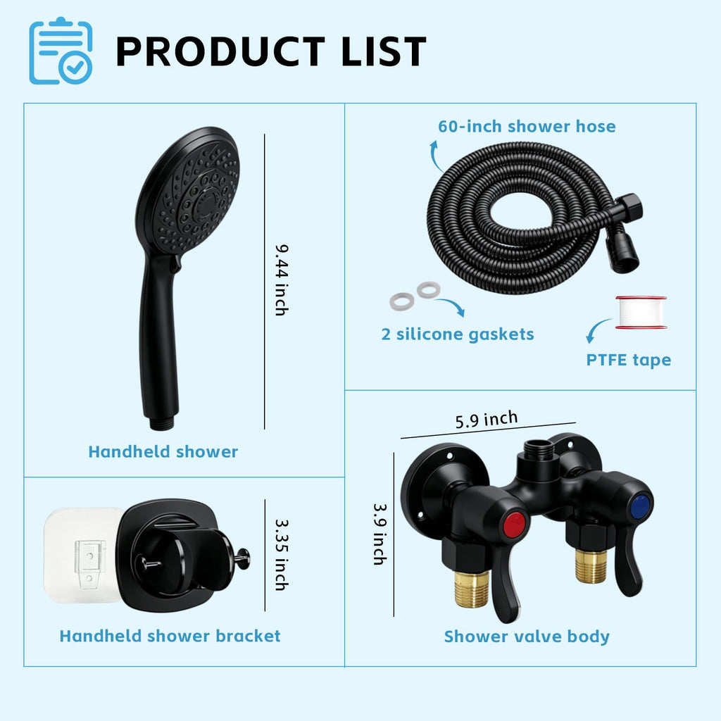 Outdoor Shower Kit Solid Brass 4 Inch Center Valve 59 Inch Hose Matte Black