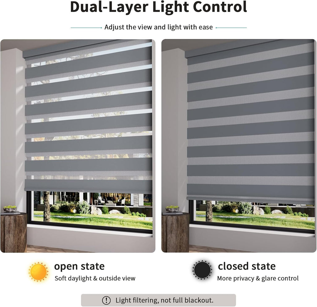 Cordless Zebra Blinds for Windows with Free-Stop(Gray,36" W x 72" H) Dual Layer Shades for Day & Night Privacy and