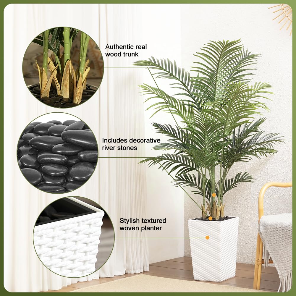5FT Artificial Palm Tree - Tall Fake Tree with White Taper Planter & Pebbles, UV Resistant for Indoor & Outdoor Decor