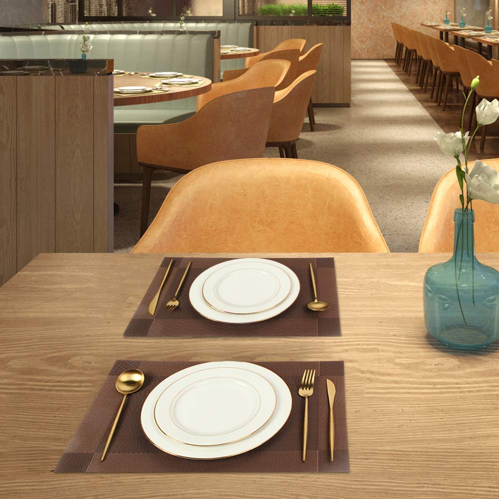 Placemats Set of 6, Durable Woven Vinyl PVC Table Mats (Brown Cross)