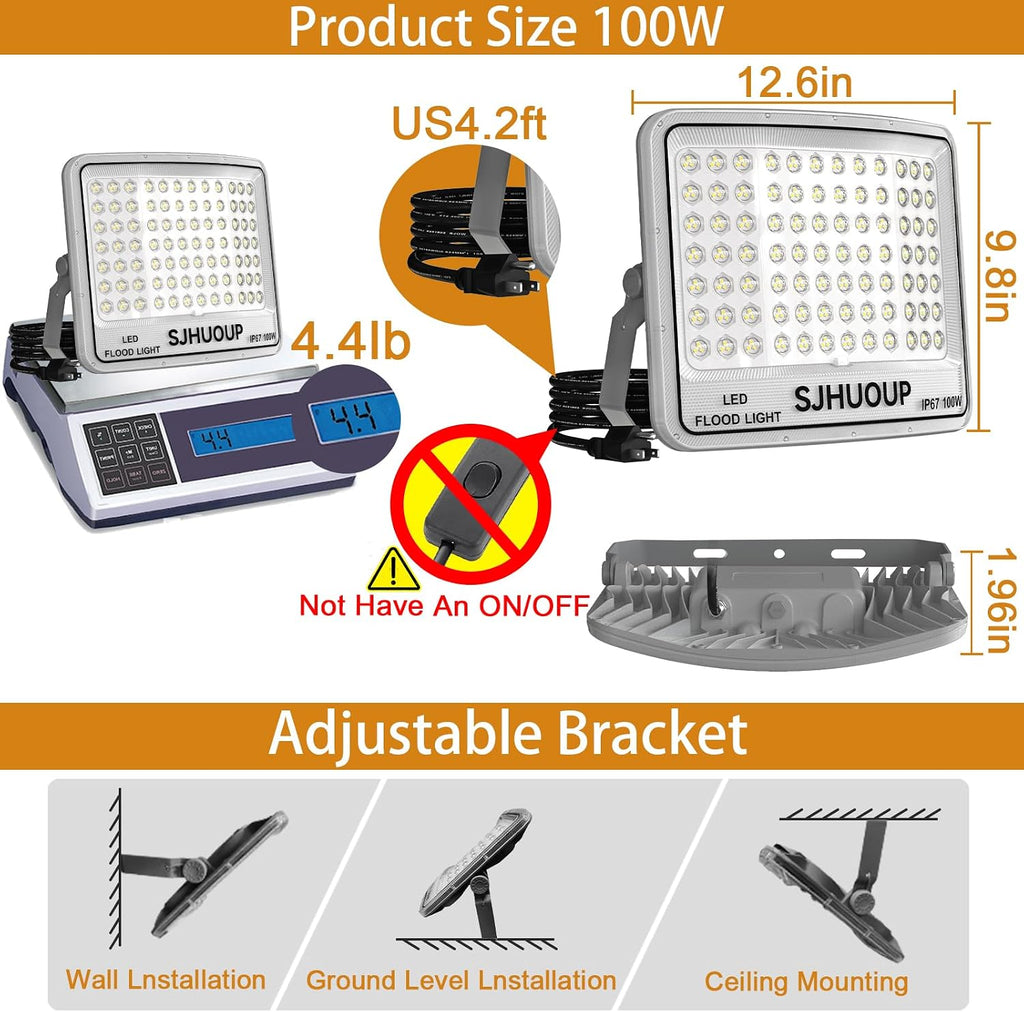 100W Flood Lights Outdoor, 11000LM Super Bright Flood Light Outdoor, LED Flood Lights with Plug,IP67 Waterproof,6500K