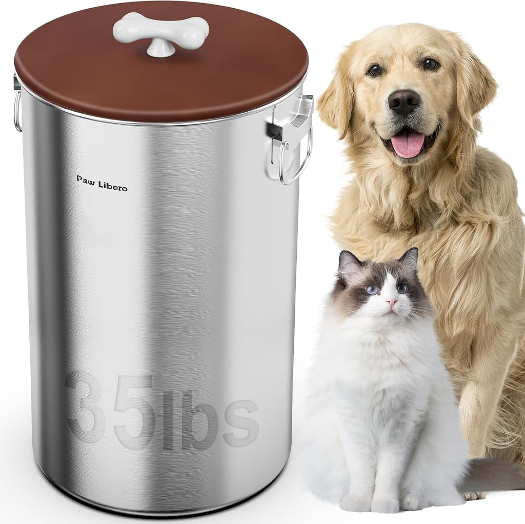 35 Lbs Stainless Steel Dog Food Storage Container with Airtight Lid & Ceramic Bone Handle, Large Metal Dog Food Bin