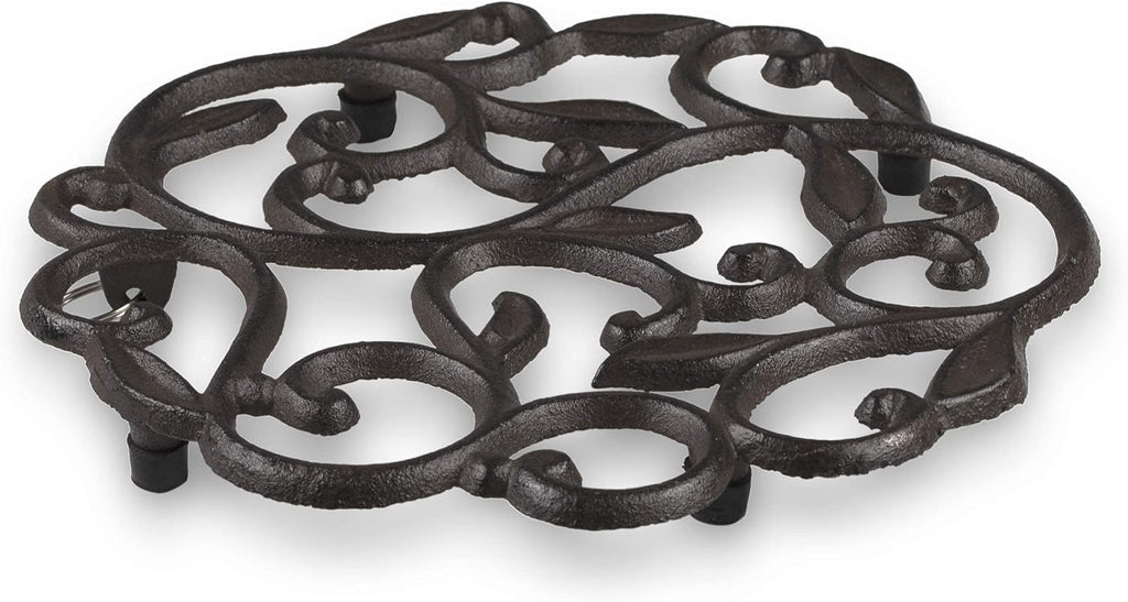 Cast Iron Trivet for Hot Dishes, Pots, and Pans, Metal Trivet, Vine Design, Rubber Feet Caps, Ring Hanger, 8 Inches