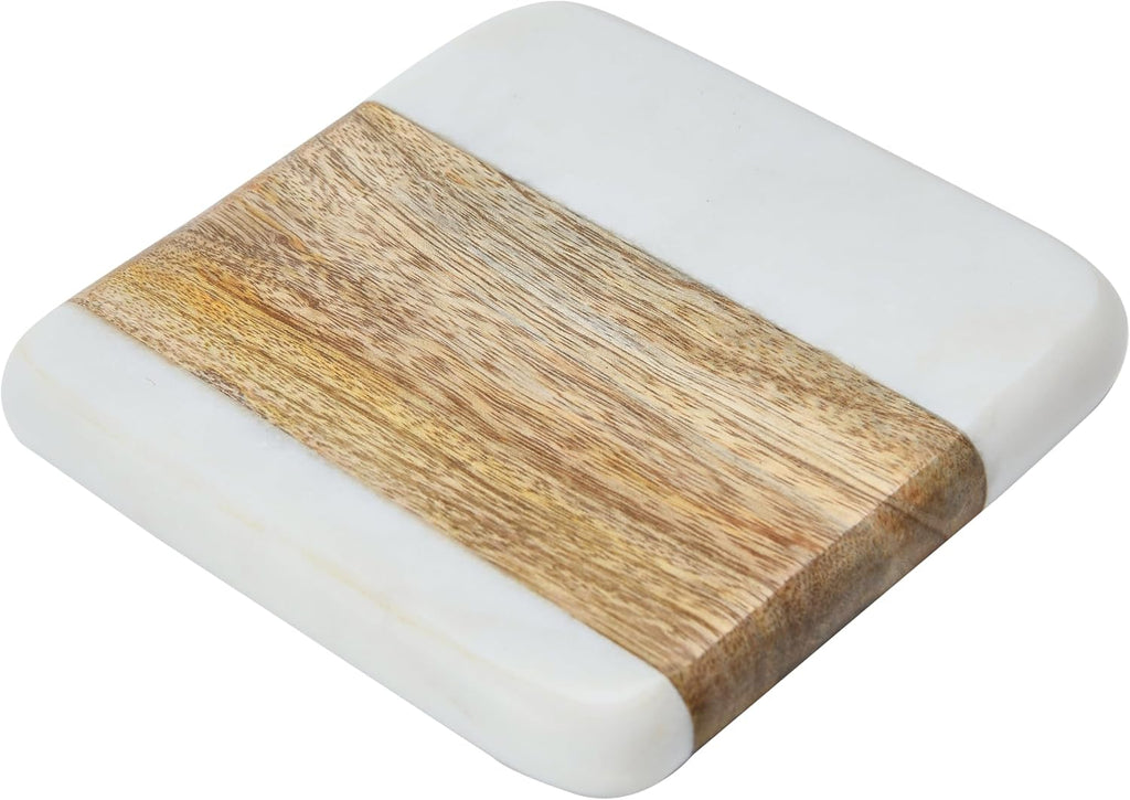 Marble & Acacia Wood Coasters, White & Natural - Set of 4