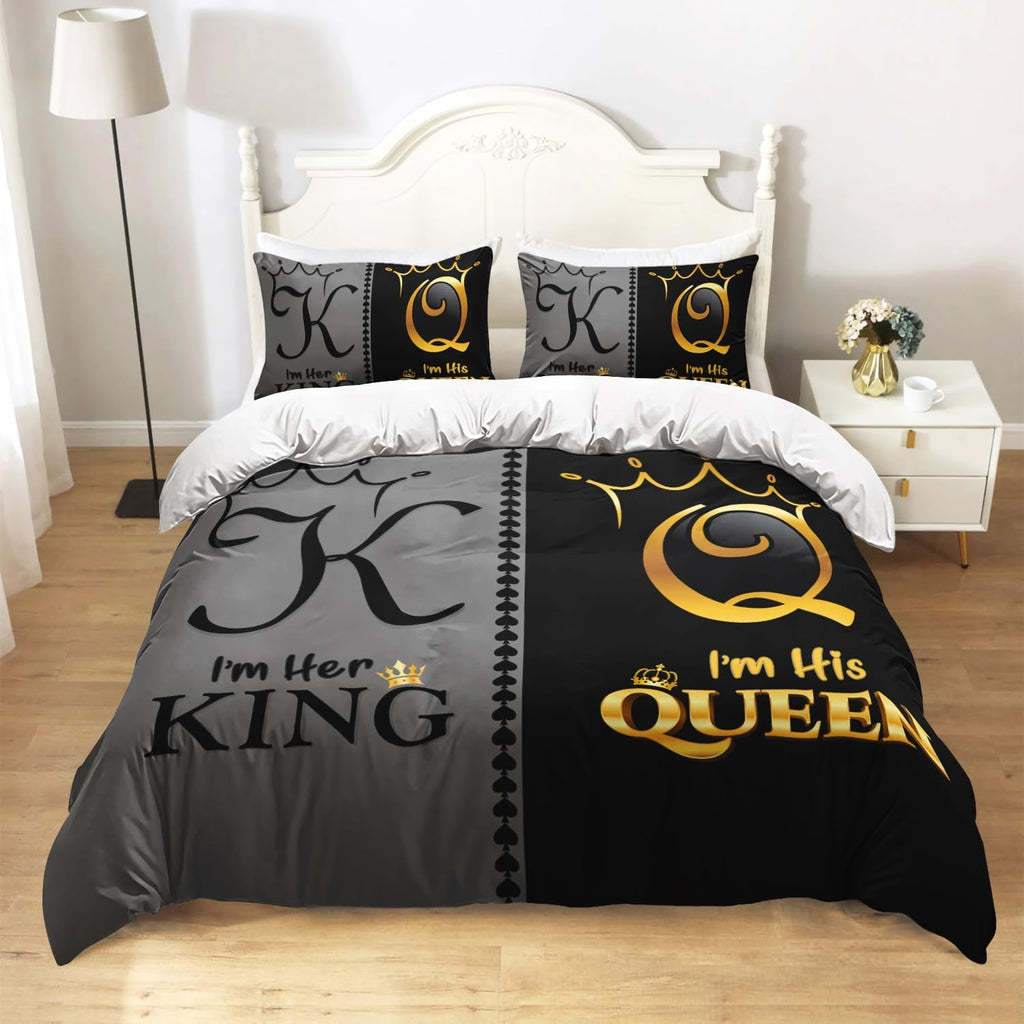 Grey and Black Duvet Cover Set King, K and Q Printed Crown Couple Bedding Set Gifts,3 Piece His Her Themed Lightweight