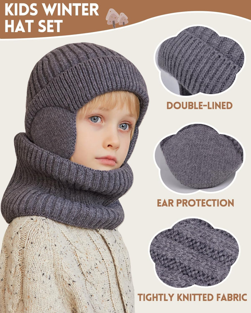 Kids Winter Beanie Hat Scarf Gloves Set, Knit Hat With Earmuffs Neck Gaiter Fleece Lined Touchscreen Gloves