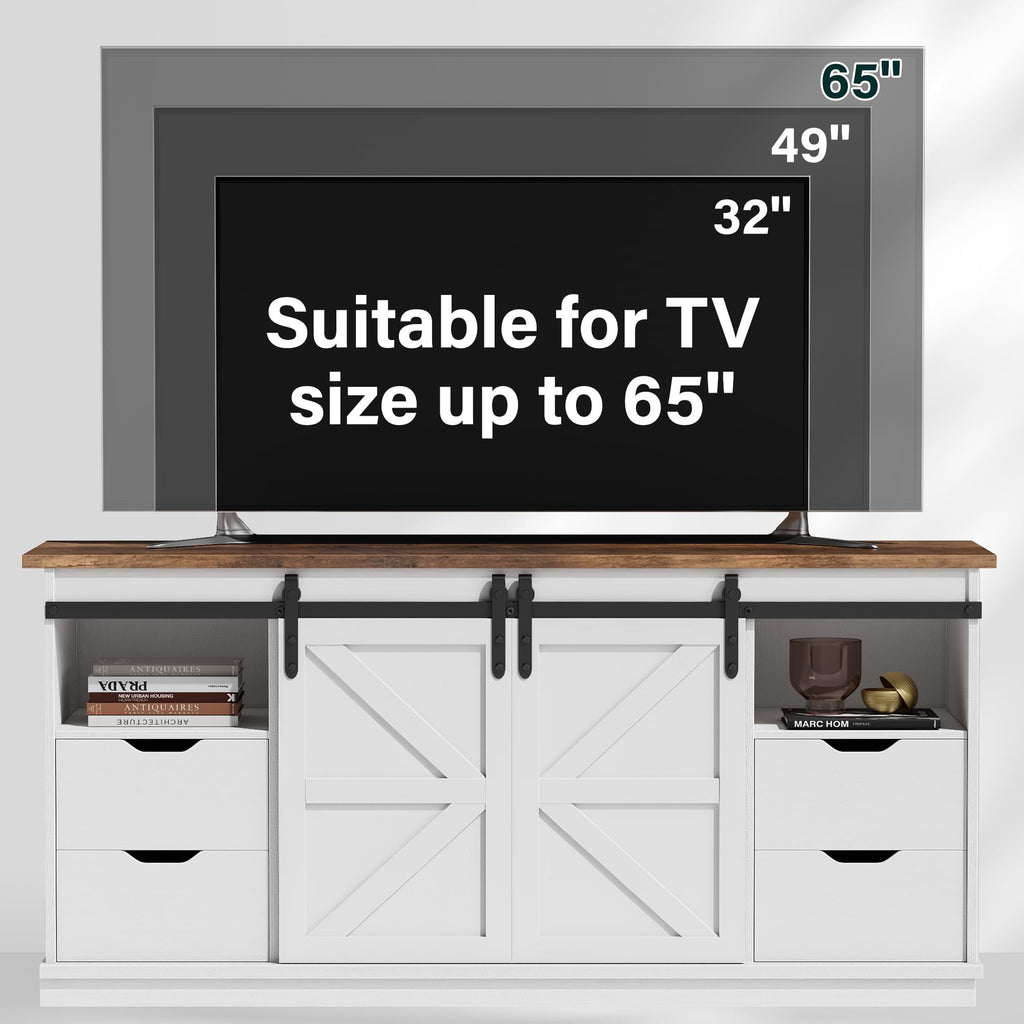 TV Stand for 65" TV, 4 Drawers, Sliding Barn Doors, Bright White