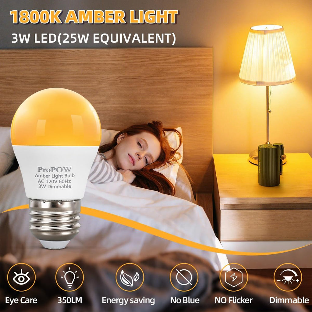 1800K Amber Sleep Light Bulbs - Blue Light Blocking, Dimmable A15 E26 LED Bulbs (3W, 25W Eqv) for Healthy Sleep
