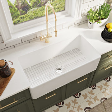White Kitchen Sink 36 Inch, Fireclay Farmhouse Sink, Apron Front Single Bowl Deep Drop-in Farm Sinks with Grid &