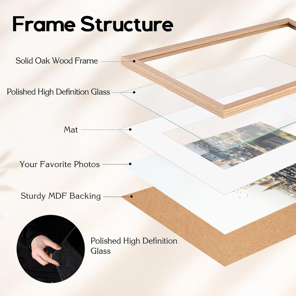 8x10 Solid Oak Wood Picture Frames, 6 Pack | Natural solid oak frames with polished real glass, horizontal & vertical